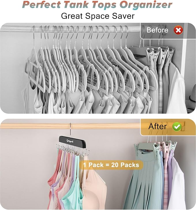 Gomyrod Tank Top Hanger, 2 Pack w/40 Hooks Bra Hanger for Closet Organizer | Premium Wood Space Saving Hanger, 360°Rotating Closet Organizers and Storage, Multi Hook Hanger for Dorm & Apartment, Black