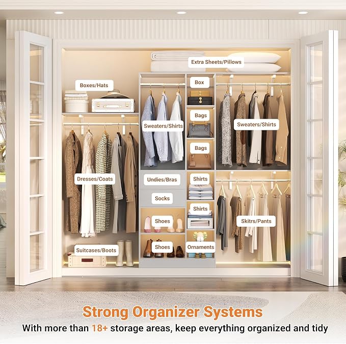 Armocity 8FT Heavy Duty Wood Closet System, 1500 LBS+ Capacity Wall Mounted Walk-in Closet Organizer with 2 Drawers & 4 Hanging Rods, 96'' Custom Bedroom Storage Wardrobe, Grey