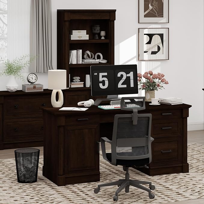blini Large Farmhouse Executive Desk with Drawers，Wood Computer Desk，Embossed Texture Home Office Desk with File Cabinet Storage, Cable Management, Keyboard Tray，Working Table for Work Study Writing