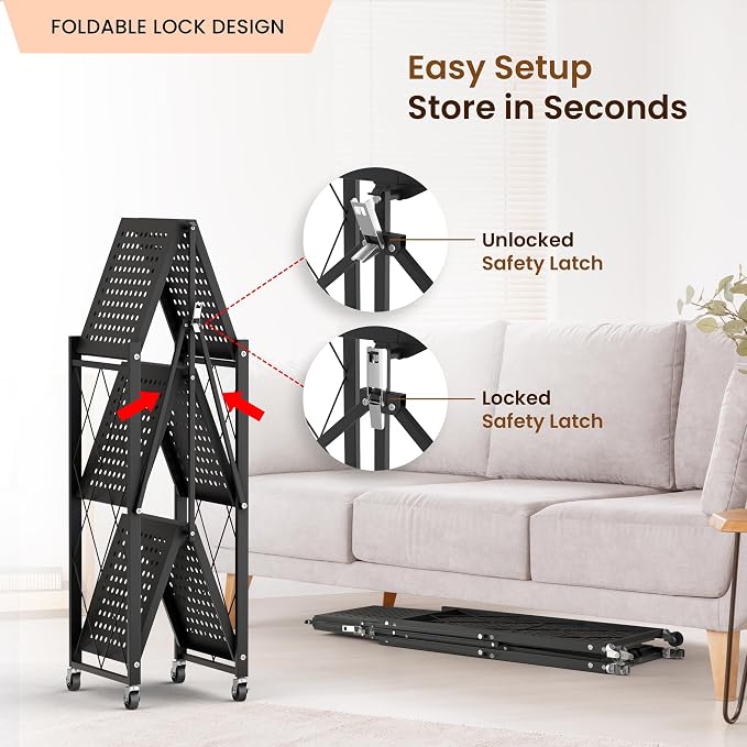 Our Modern Space 3-Tier Foldable Storage Shelf with Wheels | Metal Rack Collapsible Shelving Display | Rolling Cart for Books Kitchen Storage Shelves | Pantry & Closet Organizer | Office Room Decor