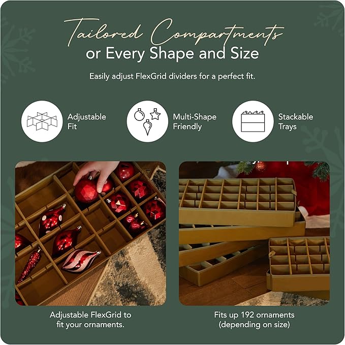 Covermates Keepsakes Adjustable Ornament Storage Bag – Heavy-Duty Polyester, Padded Dividers & FlexGrid Trays – Protective Holiday Ornament Organizer with Handles & Label Window, Green