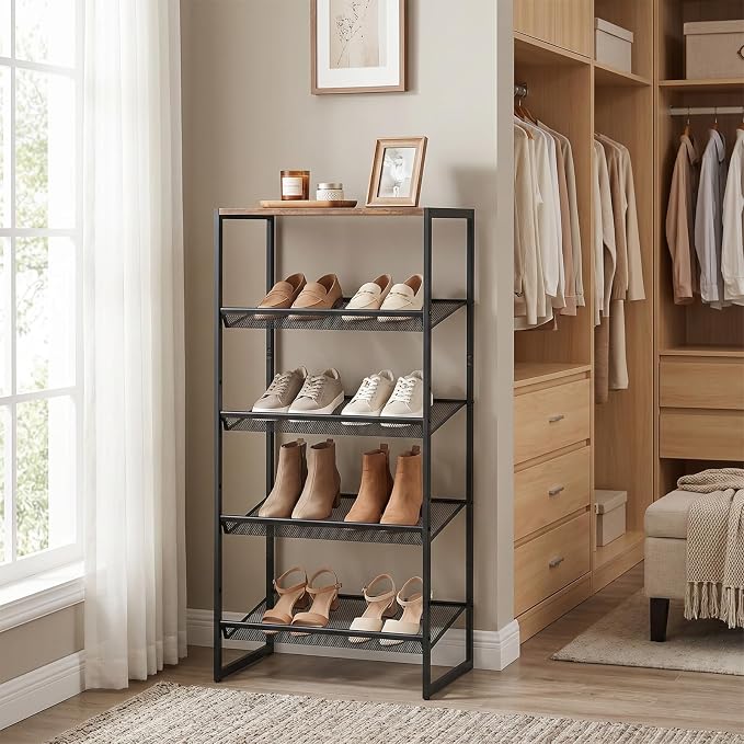 Shoe Rack for Entryway,，5 Tier Shoe Storage Organizer，Sturdy Shoe Shelf,Boot Rack with a Fine Mesh Shelves，for Living Room, Hallway，Small Space,11.8 x 16.5 x 27.9 Inches,Brown