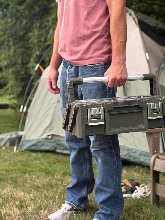 18" Cantilever Tool Box Organizer, Olive Green Heavy-Duty Tool Storage Box with 18 Removable Compartments, Metal Latches, Metal Carry Handle, Clear Lid & Two-Layer Full-Access Design