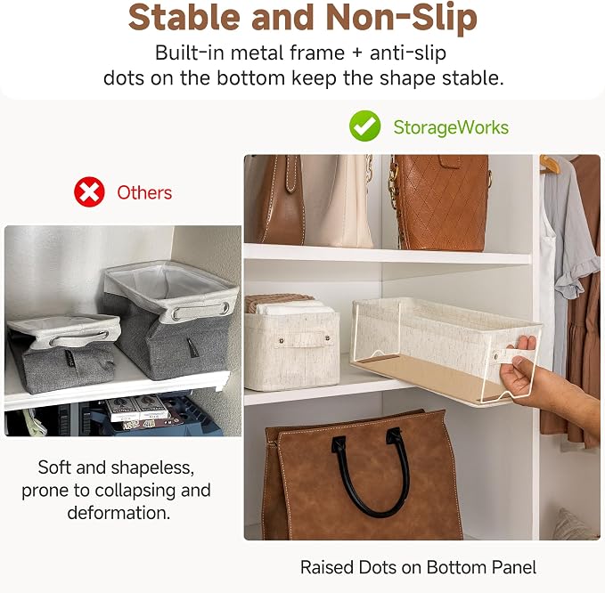 StorageWorks Narrow Storage Bins, Small Basket for Closet and Shelves, Fabric Organizer with Handles, Toilet Paper Storage, Beige, Cotton Linen, 2-Pack