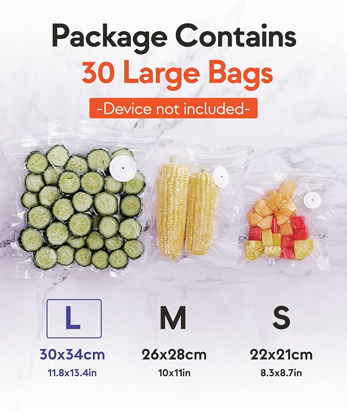 GIRAFFYCO 30 Large Reusable Vacuum Sealer Bags, 11.8 x 13.4 in, Airtight | BPA-Free Airtight Food Storage Bags with Detachable Valve for Handheld Vacuum Sealer, Freezer, Fridge, Meat & Fish