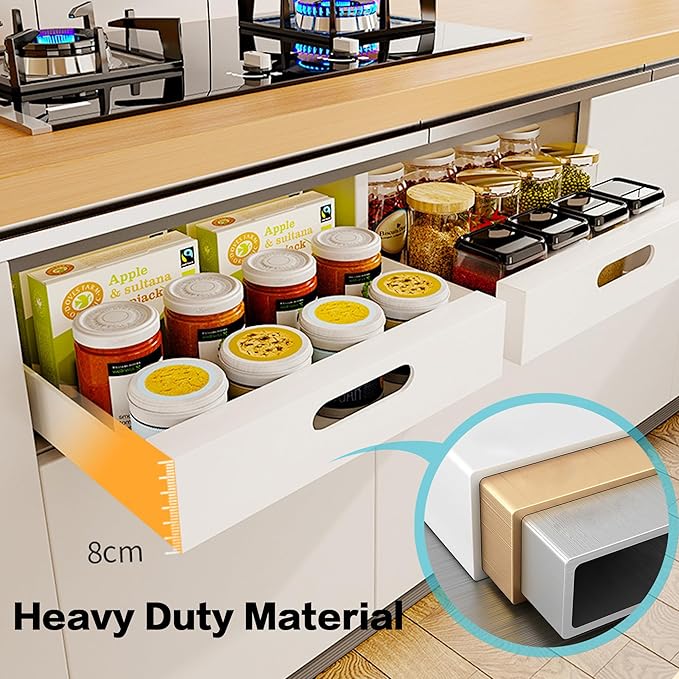 2 Pack Pull Out Cabinet Organizer Adhesive, 10" Wide 16.9" Deep Pull out Drawers for Face Frame or Frameless Cabinets, No Drill Heavy Duty Carbon Steel Drawer, Pantry Cabinet Shelf