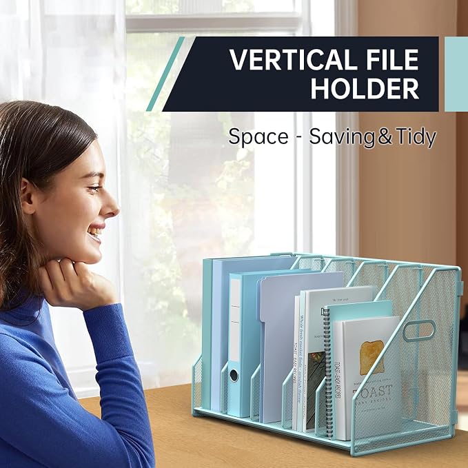 MINDEPOT Desk File Organizer Metal Desk Magazine Folder Holder with 5 Vertical Compartments Rack File Organizer for Office, Home, School (Blue)