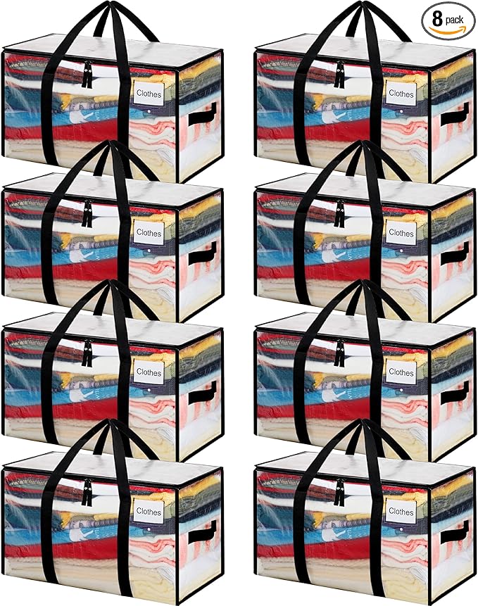 BAGAIL Heavy Duty Moving Bags with Strong Handle, Extra Large Moving Boxes, Storage Tote for Clothes, College Moving Supplies(Clear, 8 Pack)