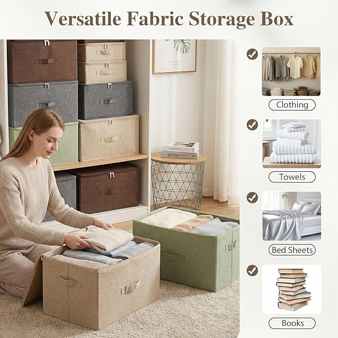 ANMINY 2PCS Storage Bins with Zipper Lids 13 Qt Lidded Fabric Storage Boxes Baskets Cubes with Handles Collapsible Washable Cotton Linen Closet Shelf Clothes Organizer Containers - Beige, Small