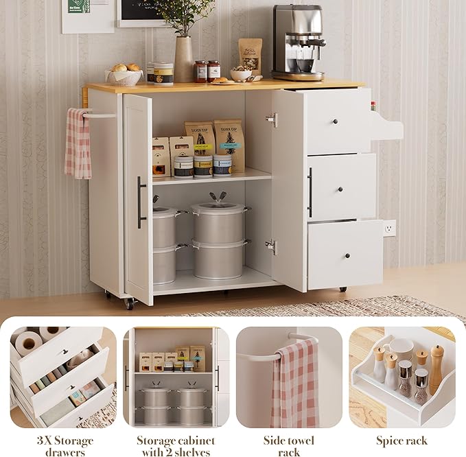 GRUSIGN 49.6" Kitchen Island on Wheels with Storage-Multifunctional Kitchen Island Cart with Drop Leaf, Rolling Island with Spice/Towel Rack,Expandable Island Table Kitchen,White