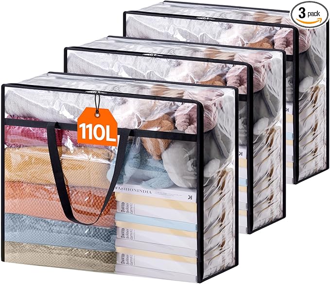 Lifewit 3 Pack Clear Clothes Storage Bags, 110L Plastic Blanket Storage Bag, Vinyl Foldable Moving Bags with Zipper, Closet Organizers and Storage Containers for Bedding, Duvet, Comforter
