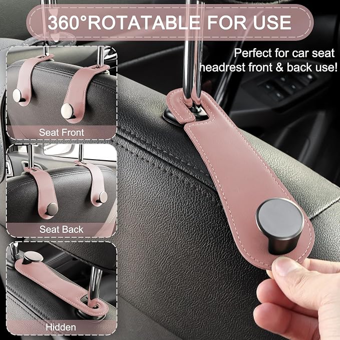 JESTOP Leather Car Seat Storage Hanger, 2 Pack Stylish Hooks for Purses Bags, Coats Umbrellas, Pink