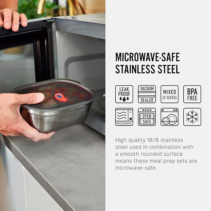 BLACK + BLUM Stainless Steel Microwave Safe Container Set | Mixed Set of 3 | Set of 600ml/900ml/1.2L, Leak Proof & Airtight, Durable & Reusable, Stackable Food Storage, Ideal for Meal Prep Batch Cooking