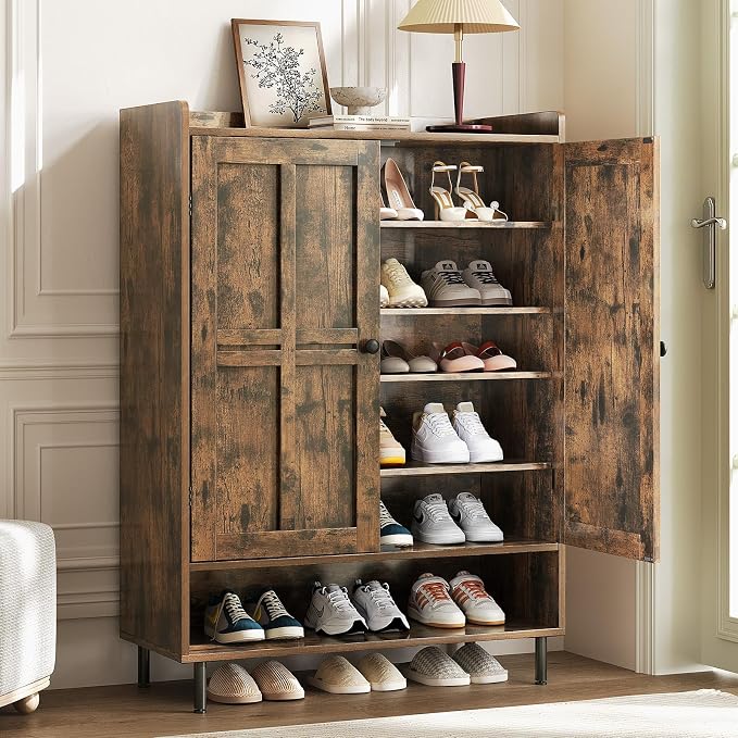 ComfyCorner Brown 7+1 Tier Farmhouse Shoe Storage Cabinet - 45" Tall Entryway Organizer with Cross Molding Doors, 3 Adjustable Shelves & Metal Legs, Shoe Rack for Front Door Entrance