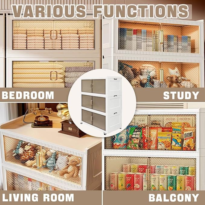 5900QT Stackable Storage Bins with Lid,147Gal Closet Organizers and Plastic Cabinets Shelves, Collapsible Drawers, Foldable Boxes with Wheels for Home Office, 3Pack (Clear Door, 39inch)