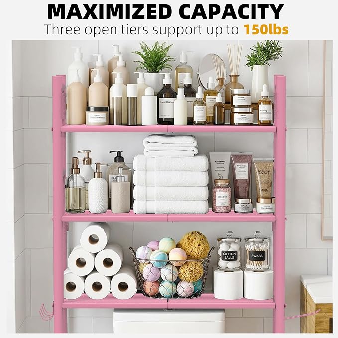 GloTika 3-Tier Over Toilet Storage with Anti-Tilt Safety System - 150lb Total Capacity Metal Bathroom Shelves Including Paper Holder & 4 Hooks, Space Saving Above Commode Organizer (64" H, Pink)