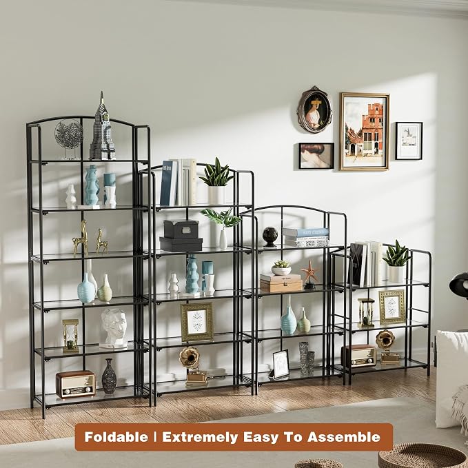 Crofy 5-Tier Wider Foldable Bookshelf, Black Frame & Transparent Shelves | Collapsible Portable Storage Organizer; Sturdy Transparent Shelves; Ideal for Living Room & Home Office