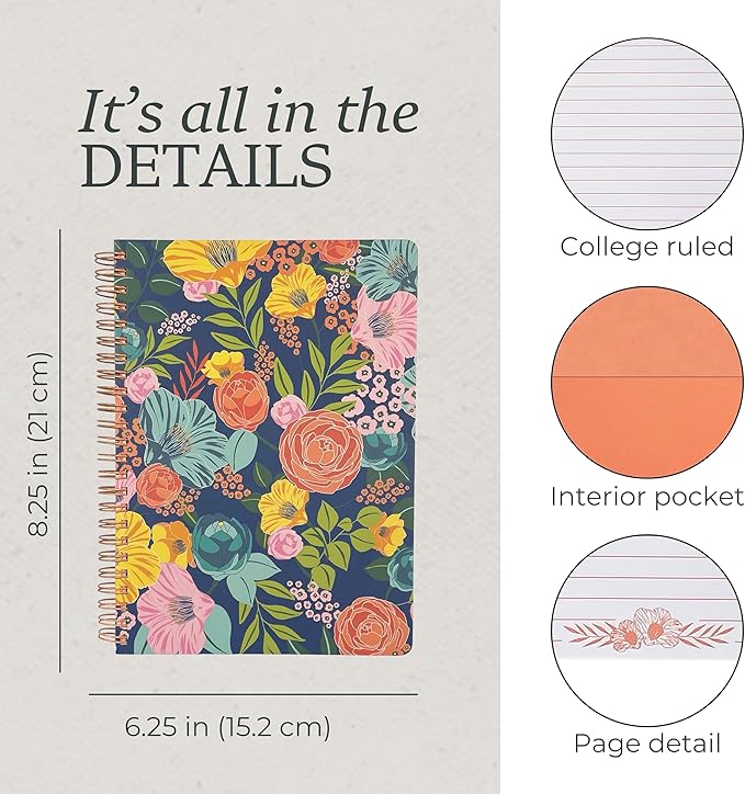 Steel Mill & Co Cute Floral Mini Spiral Notebook, 8.25" x 6.25" Journal with Durable Hardcover and 160 Lined Pages, Garden Blooms (Navy)