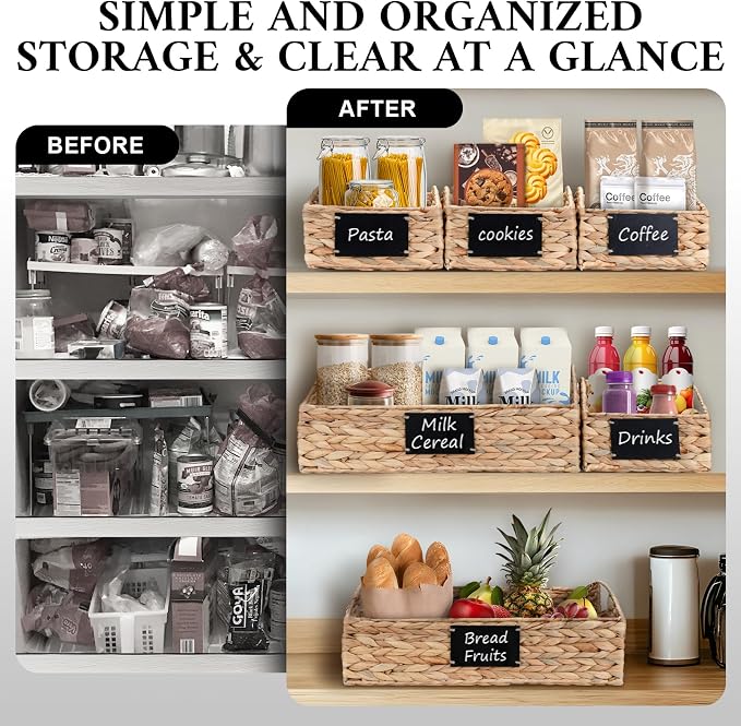 Hand-Woven Pantry Baskets for Organizing, Large Wicker Storage Baskets for Shelves with Labels, 2 Chalk Markers & Handles, 3 Pack Hyacinth Storage Bins for Pantry Kitchen Laundry Shelf