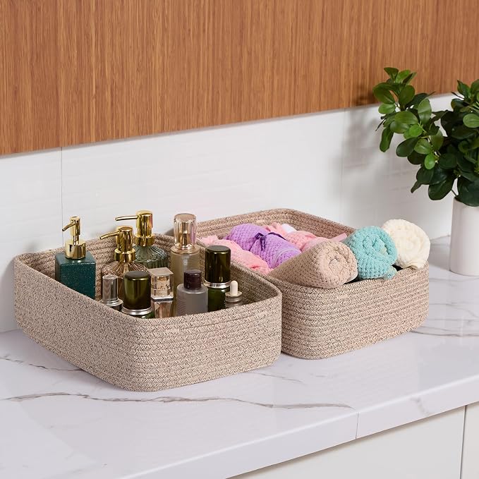 MiniArk Large Shallow Organizing Baskets 15x11x5.1 Inches - Rope Woven Storage Bins for Bathroom, Shelves, Cube Closet, Mixed Brown 3 Packs
