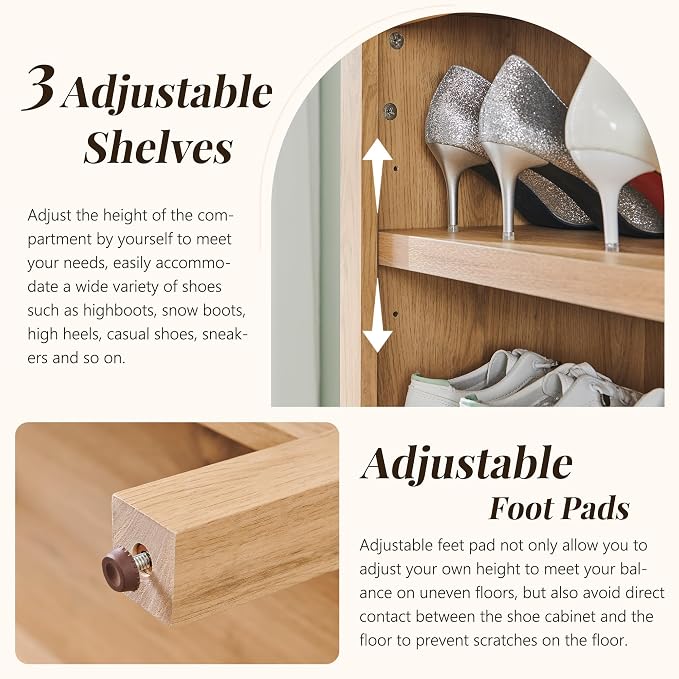 IFGET 71" Tall Arched Shoe Storage Cabinet, 7 Tiers 28 Pairs Wooden Shoe Rack with 3 Adjustable Shelves, Freestanding Shoe Closet Shelf Organizer for Entryway, Hallway, Living Room (Natural)