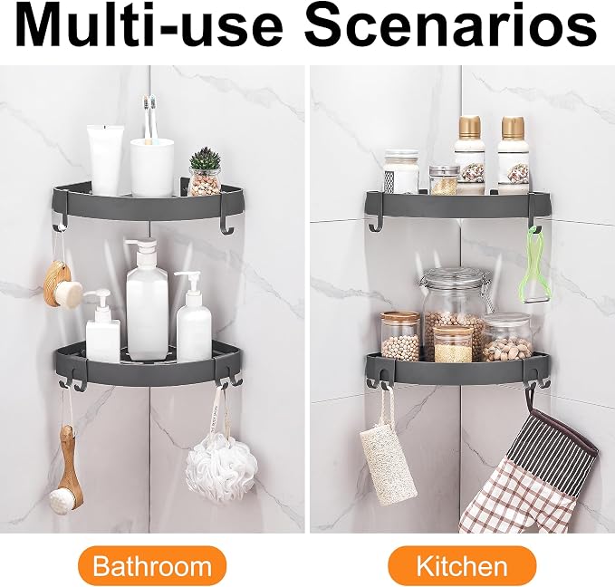 DUFU Adhesive Corner Shower Caddy with Hooks, Grey, 2 Pack | Bathroom Shower Organizer, No Drilling Rust Proof Aluminum Shower Shelf for Inside Shower