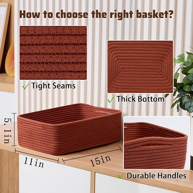 MiniArk Large Shallow Organizing Baskets 15x11x5.1 Inches - Rope Woven Storage Bins for Bathroom, Shelves, Cube Closet, Red 4 Packs