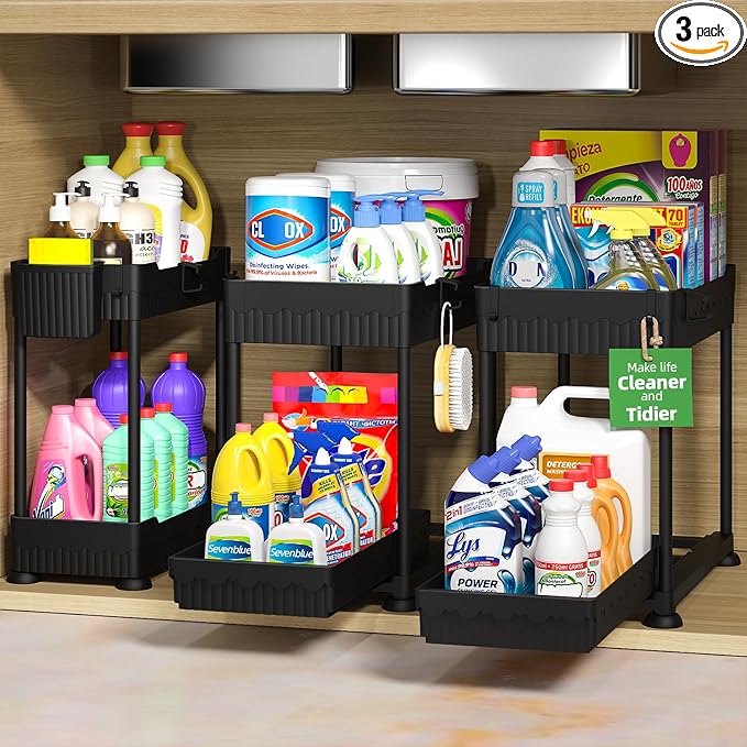 Sevenblue 3 Pack Under Sink Organizers,2-Tier Multi-Use Kitchen and Bathroom Organizers and Storage with Sliding Drawers,Bathroom Cabinet Organizer (Black,12.8 Inch)