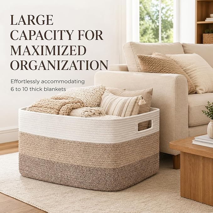 OIAHOMY Large Blanket Basket, 22”x17”x12” Laundry Baskets, Nursery Blanket Storage Living Room, Toy Storage With Handle, Rectangle Woven Baskets-Gradient Yellow