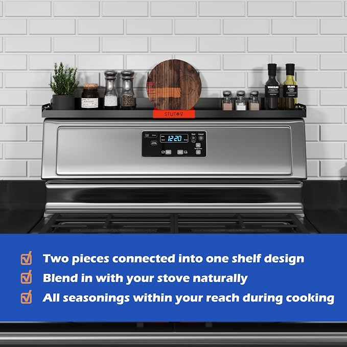 STUTOV 30" Magnetic Stove Top Shelf – Black Spice Rack with Red Logo and Seasoning Organizer – Kitchen Shelf for Back of Stove – Over Stove Rack and Storage Organizer