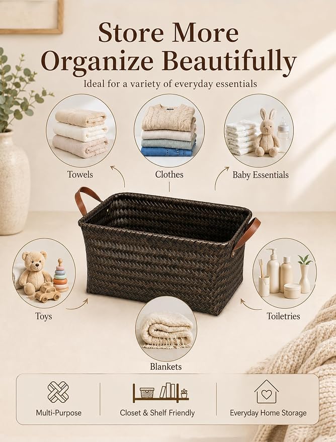 Hand Woven Baskets for Storage, 4Pcs Water-Resistant Wicker Baskets, Dark Gold Wicker Storage Baskets for Shelves, Large Basket with Handle for Organizing, Laundry, Blanket-Rectangular