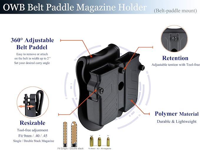 Double Magazine Holder, 9mm 10mm 40 45 Single & Double Stack Magazine Pouch, Universal Magazine Holster for Glock/Sig sauer/S&W/Beretta/Taurus/H&K/Springfield/CZ/Ruger/1911 Mags