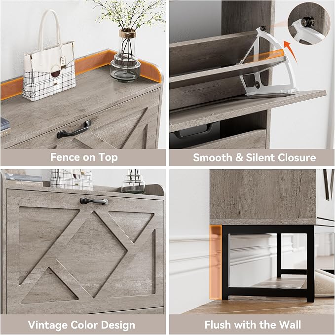 Nicetree Shoe Cabinet Storage for Entryway, Slim Shoe Storage Cabient with 2 Flip Drawers, Narrow Vertical Shoe Rack Cabinet with Metal Hooks, Small Space Solution for Hallway, Grey