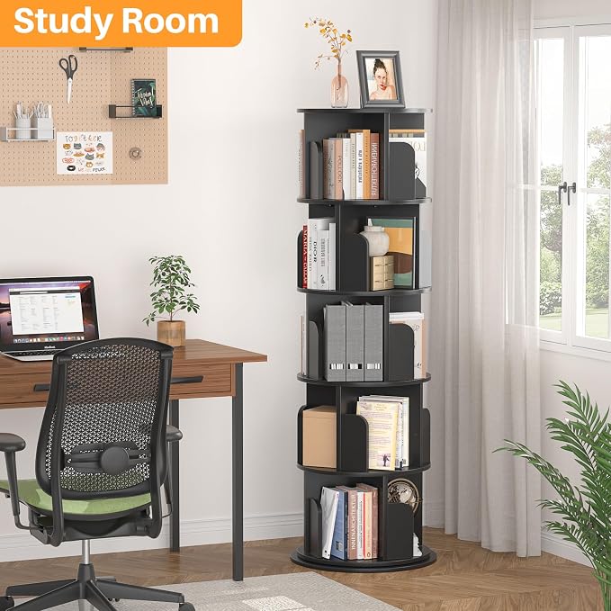 Aheaplus 5 Tier Rotating Bookshelf, Wood Spinning Bookshelf Tower, Round Revolving 360 Bookcase, Narrow Turning Book Shelf Rolling Corner Organizer for Small Space, Bedroom, Office, Black