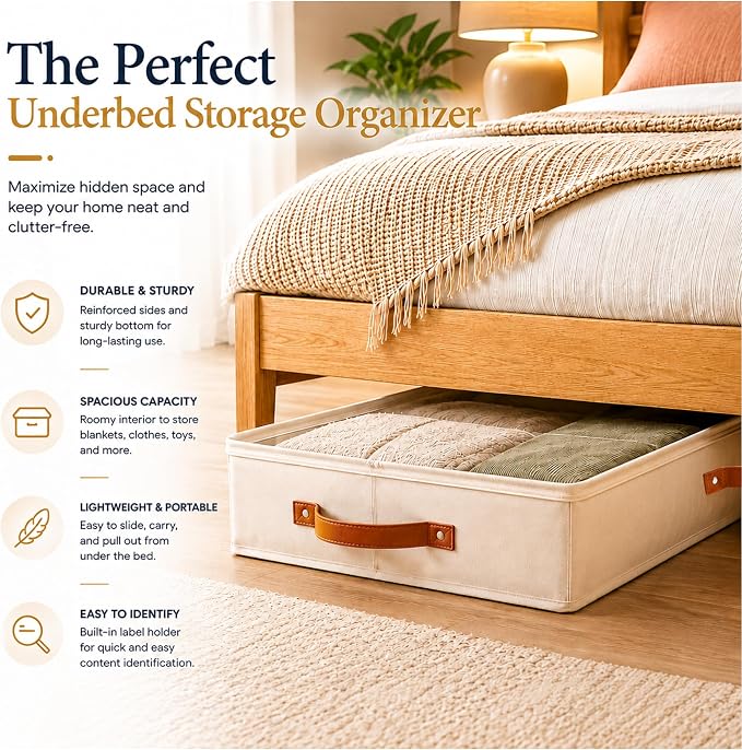 HOMELUX THEORY 2pc Low Profile Under Bed Storage Containers, Thin Under Couch Storage Organizer with Bins & Lids, Underbed Storage Box Ideal for Seasonal Clothes, Blankets, Fabric & Shoes (Ivory)
