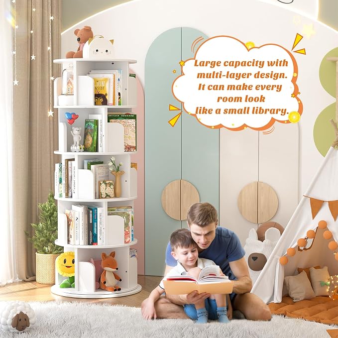 Aheaplus 5 Tier Rotating Bookshelf, Wood Spinning Bookshelf Tower, Round Revolving 360 Bookcase, Narrow Turning Book Shelf Rolling Corner Organizer for Small Space, Bedroom, Office, White
