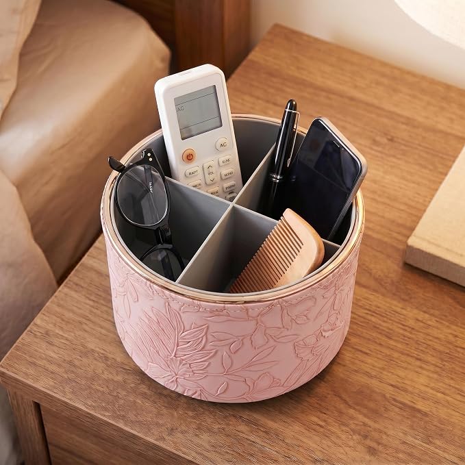 Remote Control Holder, 360°Spinning PU Leather Desk TV Remote Caddy,Desk Storage Box Room Accessories for Controller, Media,Mail,Calculator, Mobile Phone,Pencil(1B-Golden Pink)