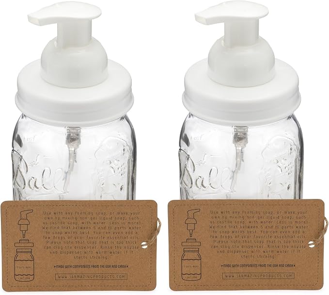 Jarmazing Products Mason Jar Foaming Soap Dispenser – White – with 16 Ounce Ball Mason Jar - Two Pack!