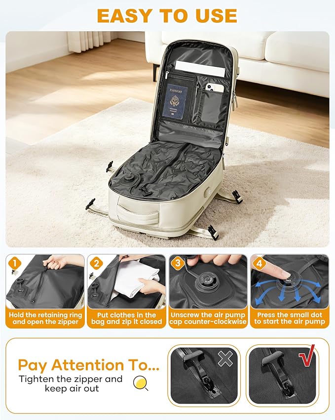 WONHOX Vacuum Seal Backpack for Travel with Air Pump 18x14x8 inches Vacpack Carry on Flight Approved Compression Daypack Laptop Space Saver Bag Storage with Vacuum System Travel Bags Women Beige