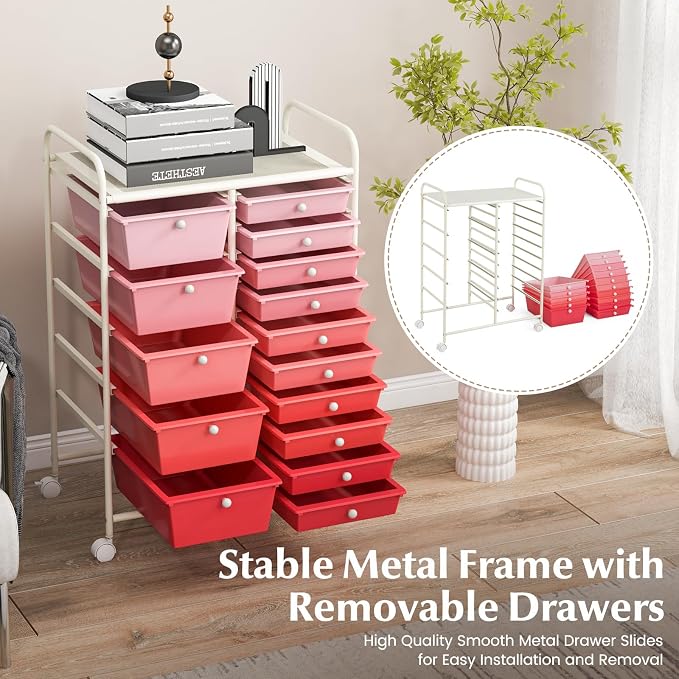 DREAMADE Rolling Cart with 15 Drawers, Rolling Drawer Organizer Cart w/Lockable Wheels, Removable & 2-Sized Storage Drawers, Art Cart for School Home Art Supplies Crafts File Scrapbook (Mixed Pink)