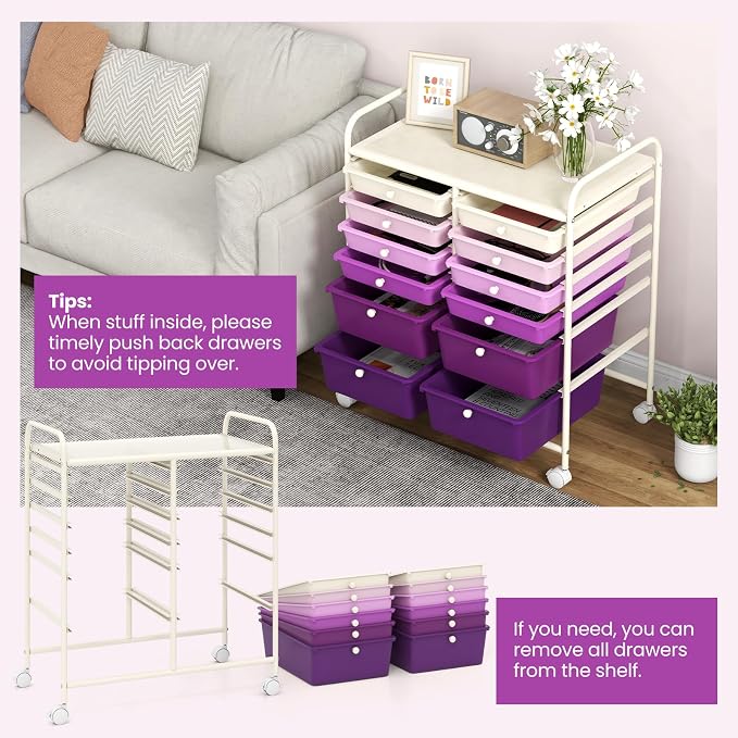 Giantex 12 Drawers Rolling Storage Cart, Classroom Organizers with Wheels for Tools Scrapbook Craft Paper Teacher Office School Supplies (Purple Gradient)