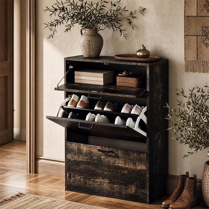 VINGLI Shoe Cabinet Storage for Entryway Ultra Slim with 2 Flip &1Drop-Down Drawers, 24.8" W Narrow Shoe Cabinet for Front Door Entrance,Freestanding Dark Rustic Oak Wood Shoes Organizer for Hallway