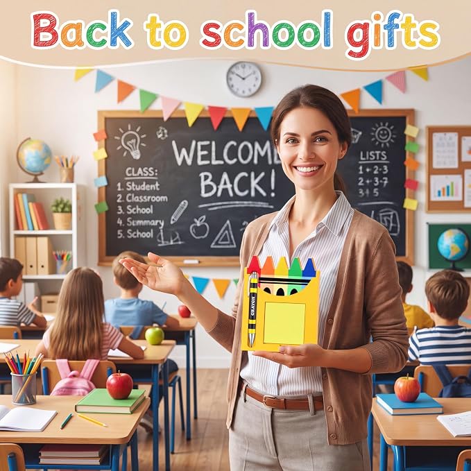 Kosiz 10 Set Back to School Teacher Appreciation Gift Bulk Crayons Wooden Sticky Note Holder with Note and Ballpoint Pen Crayons Party Favor for Back to School Classroom Teacher Gift
