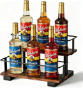 2-Tier Coffee Syrup Rack with High Rails, Holds 6 Bottles | Space-saving stepped shelf with wood & metal, high guardrail, liquor, spice jars & essential oils.