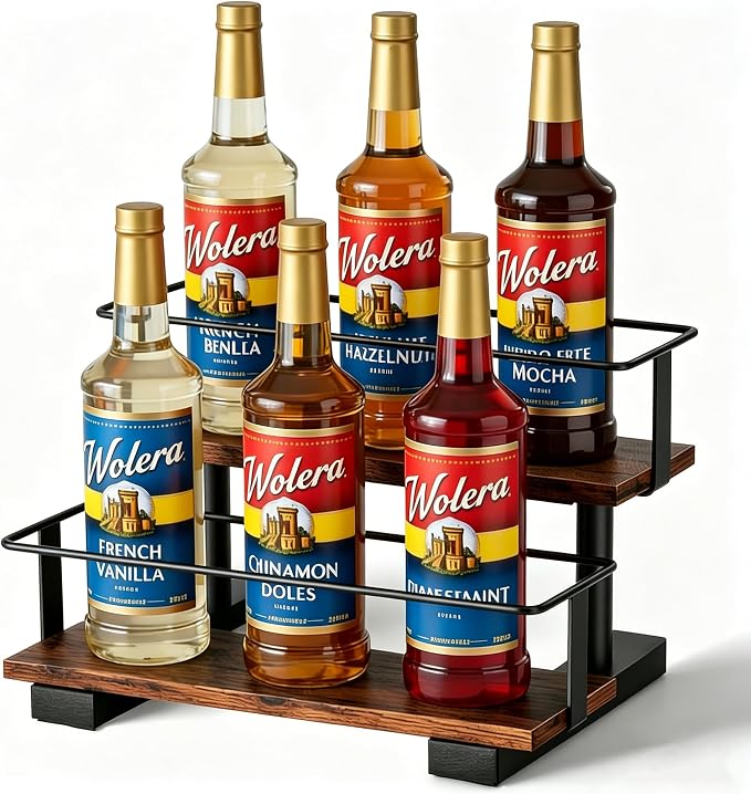 2-Tier Coffee Syrup Rack with High Rails, Holds 6 Bottles | Space-saving stepped shelf with wood & metal, high guardrail, liquor, spice jars & essential oils.