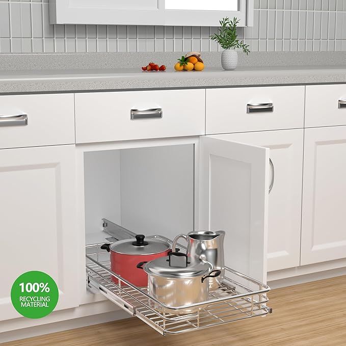 JOWBOOW Cabinet Pull Out Shelves (14" W x 21" D), Heavy-Duty Pull Out Shelves for Kitchen Cabinets, Chrome-Plated Steel Slide Out Shelf