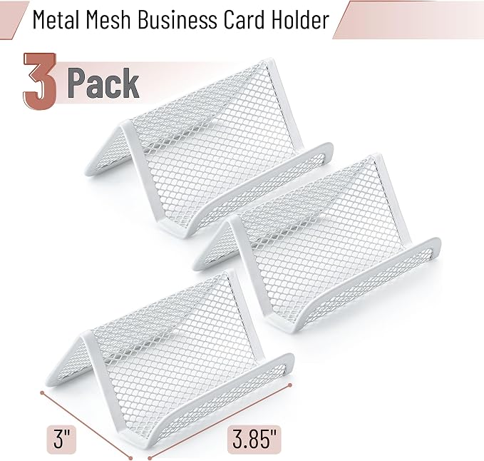 Mr. Pen- Metal Mesh Business Card Holders, 3 Pack, White | Durable Stainless Steel Card Stand for Desk, Office, and Business Use, Straight, Flat and Smooth Design