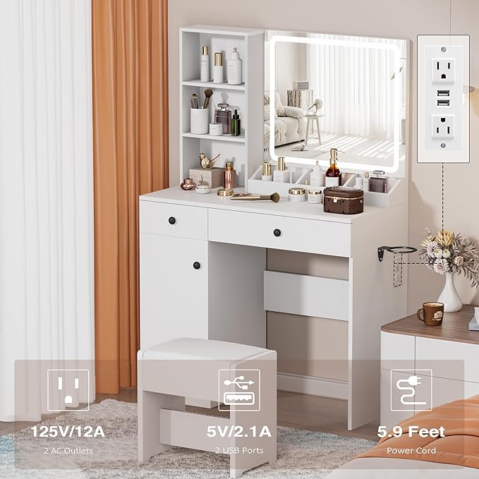 YIKEHOME Small Makeup Vanity Desk Set with Mirror, 39'' Vanity Table 3-Colour Lights with 5 Drawers & Shelves for Bedroom Dressing Room Brown