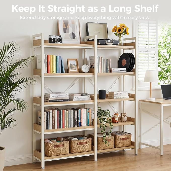 GTPLAYER 5-Tier Corner Bookshelf, L-Shaped Metal Frame Shelf with Tall 14" Shelves, Plant Stand and Storage Rack for Small Spaces, Living Room and Home Office, Light Oak