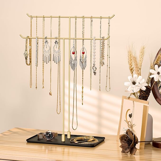 Necklace Holder Stand,Metal Jewelry Organizer for Home Decor,Black and Gold | Modern Design,Easy Assembly,Non-Slip EVA Pads,Gift for Woman,Necklace Display for Bedroom,Vanity and Dresser